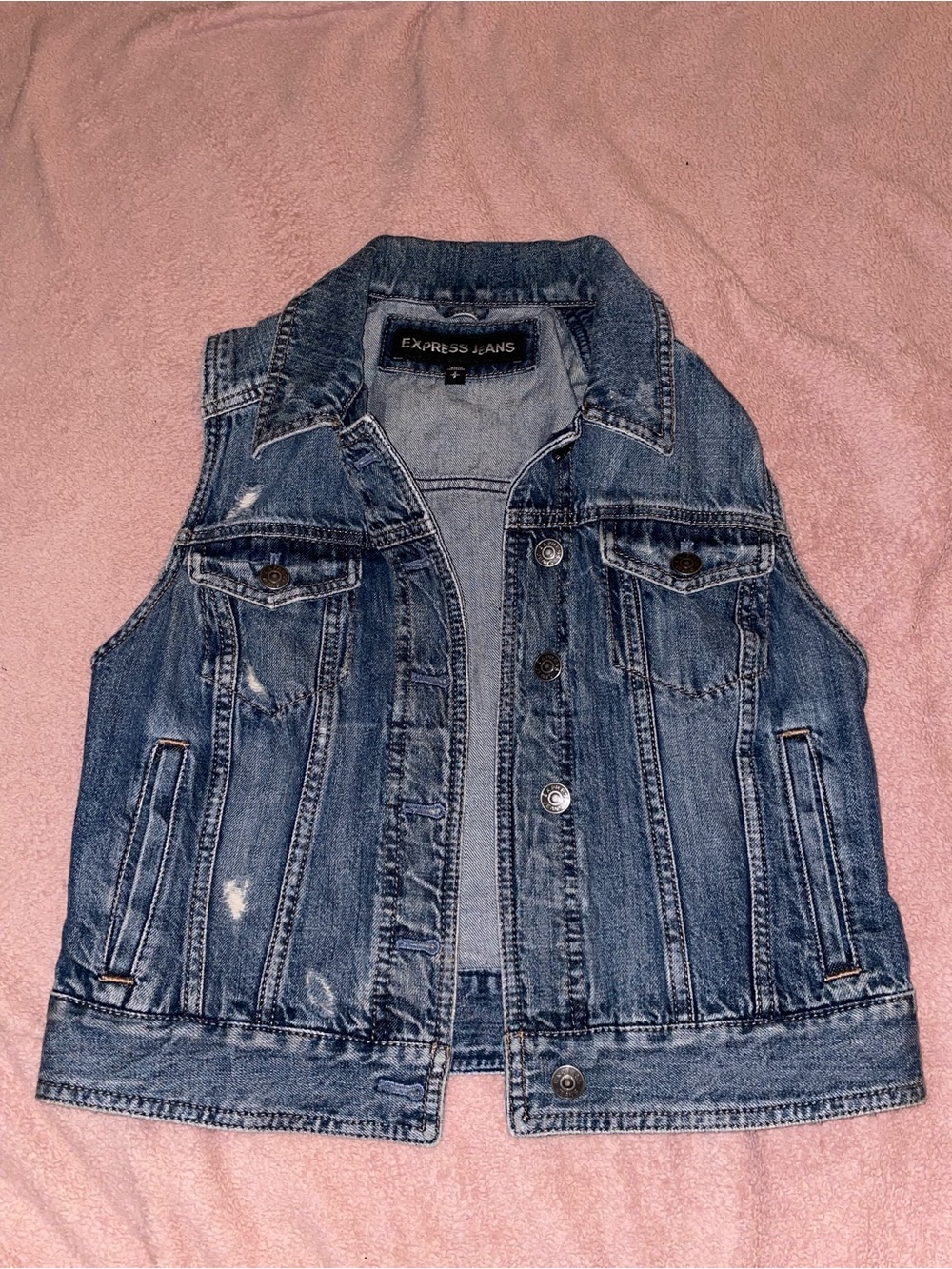 Express Jeans Y2K Vintage Distressed Denim Vest Medium Wash Sleeveless Trucker